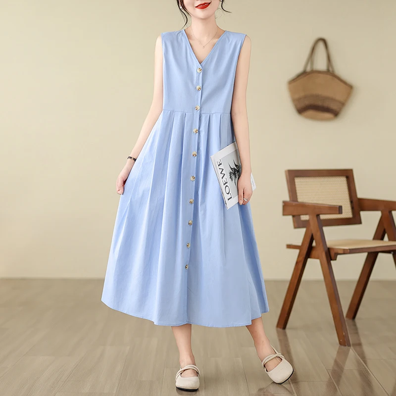 

Summer New Vintage V-Ne Midi Dr Svel Loose Vest Dr Ele Long Dr Dongda Gate Sle Polyester Fiber Long Sl...