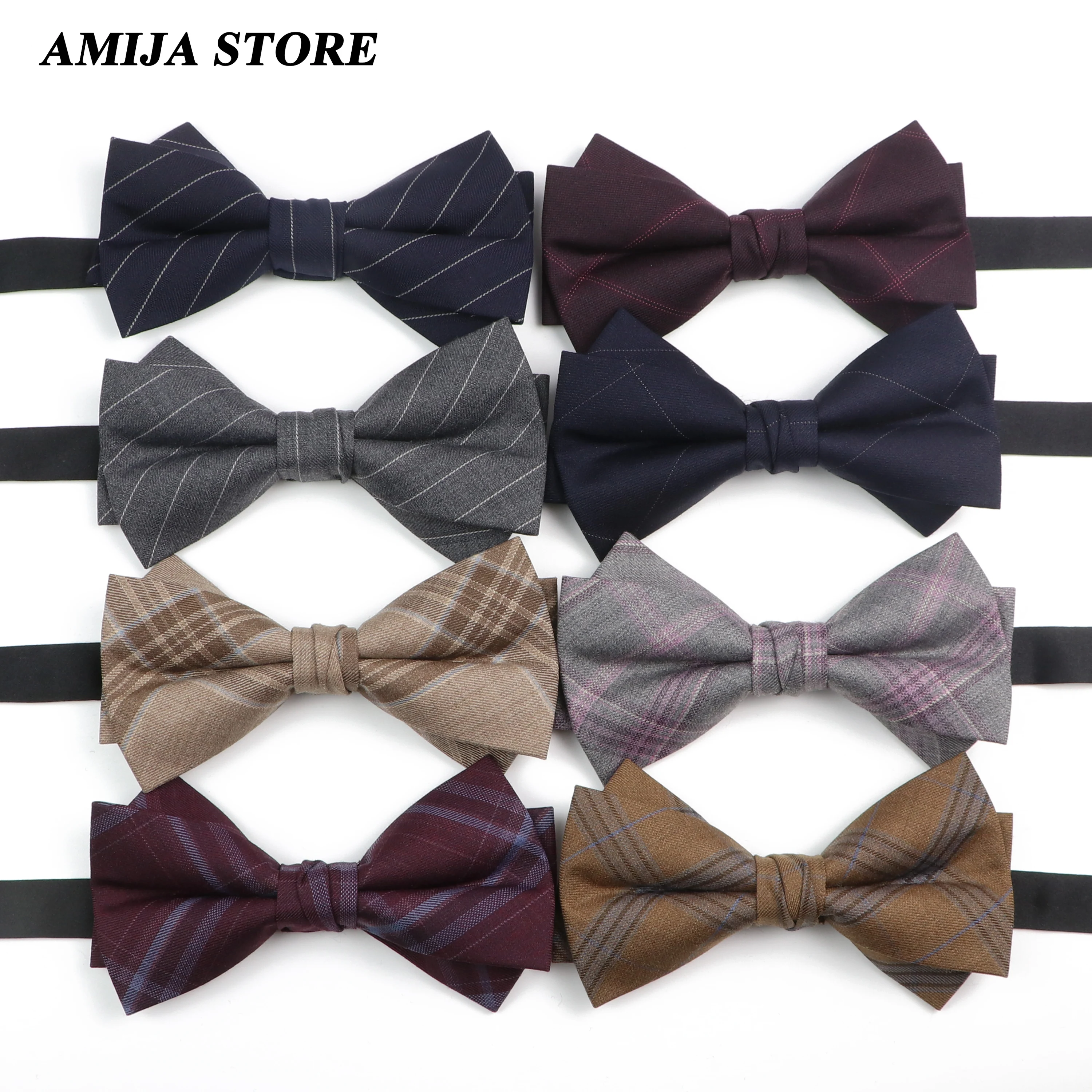 Classical Men Double layer Bow Tie Wool Plaid Striped  Super Soft Butterfly Party Wedding  Accessories  Daily Wholesale Bowties