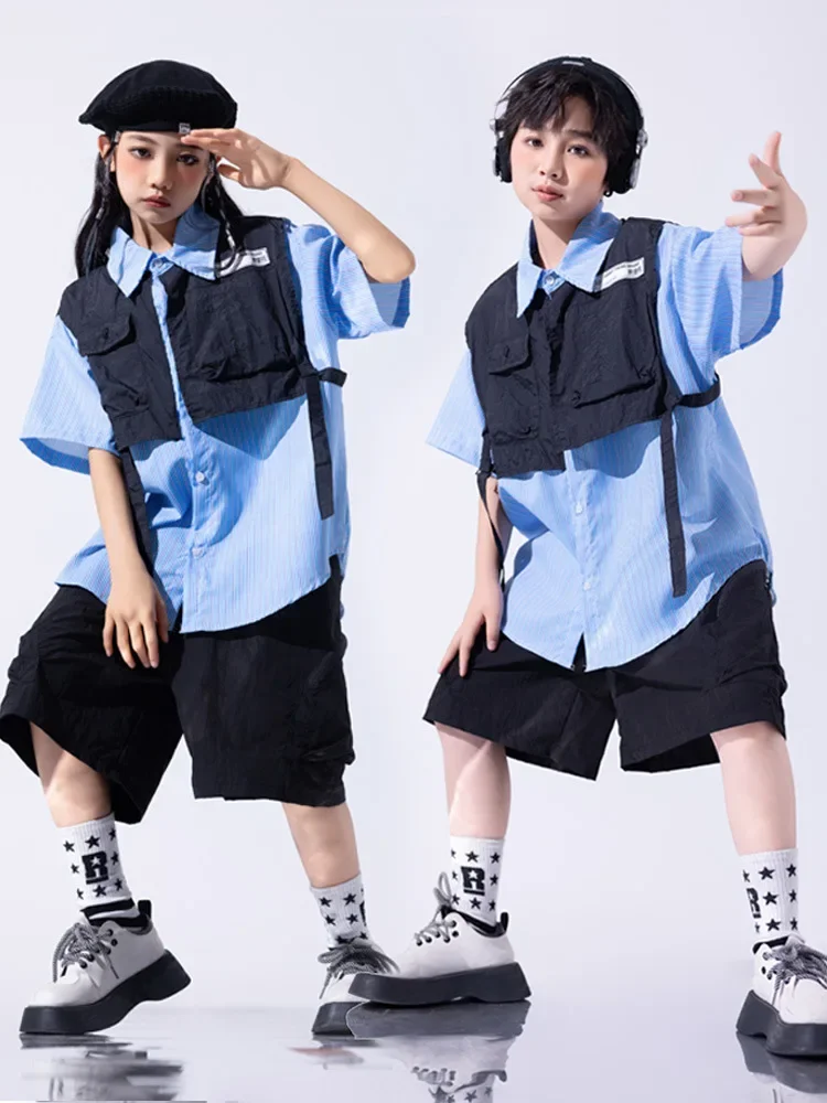 

Boys Hip Hop Clothing Two-piece Top Black Short for Girls Kids Jazz Dance Costume Clothes Set Music Performance Costumes