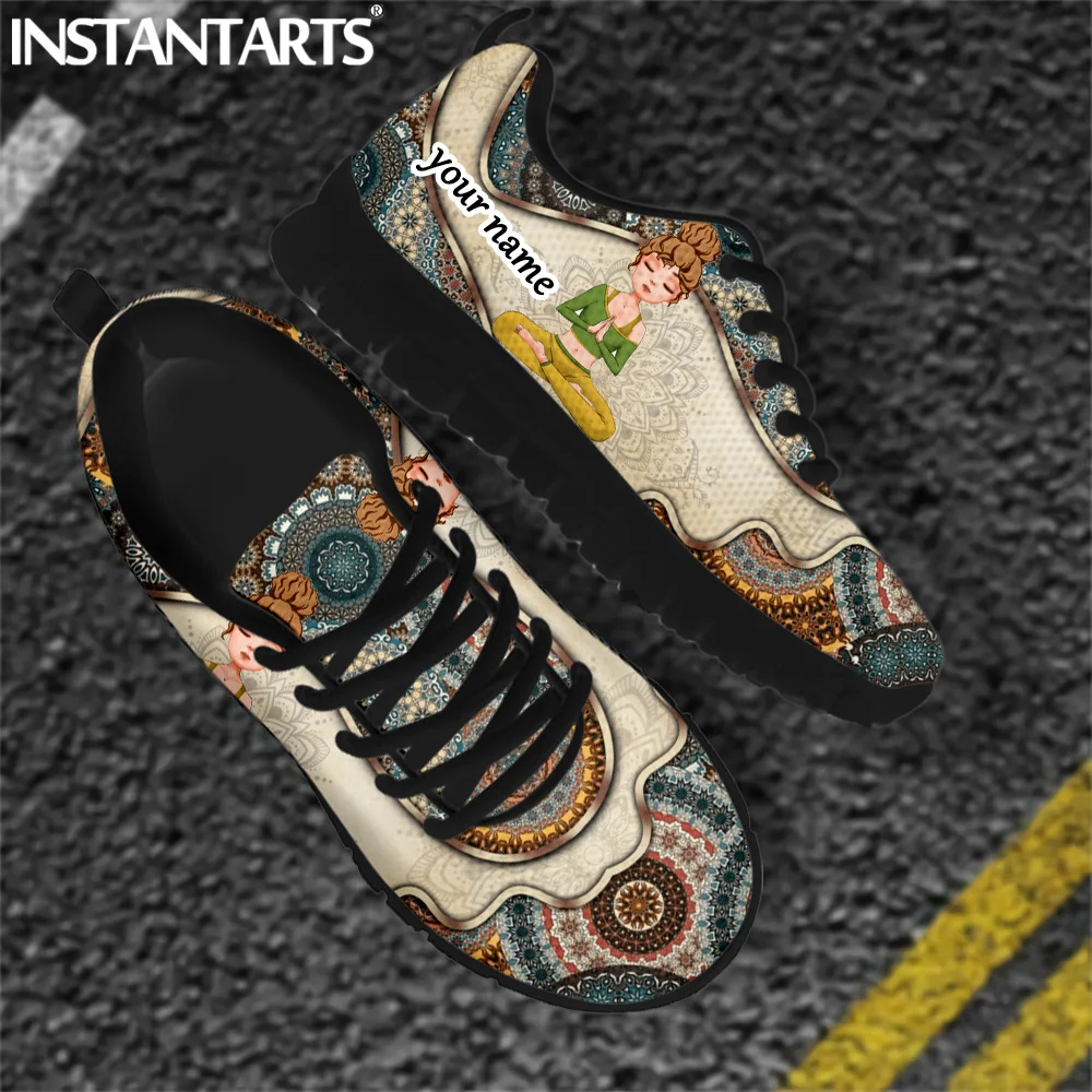 INSTANTARTS Mandala Boho Style Yoga Girl Design Ladies Flat Shoes Comfort Lace up Casual Sneakers for Women Autumn Soft Zapatos