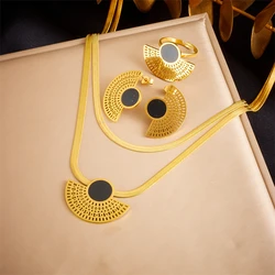 DIEYURO 316L Stainless Steel Vintage Half Round Necklace Earrings Ring For Women Girl New Party Gift Fashion Jewelry Set Bijoux