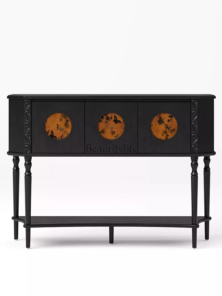 

French retro black solid wood engraved entrance cabinet, living room storage decorative cabinet