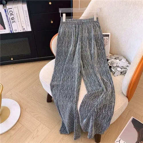 Czarne srebrne foliowe spodnie z szerokimi nogawkami Wysoka talia teksturowane, zwiewne spodnie na co dzień Elastyczny sznurek Luźne spodnie szyfonowe