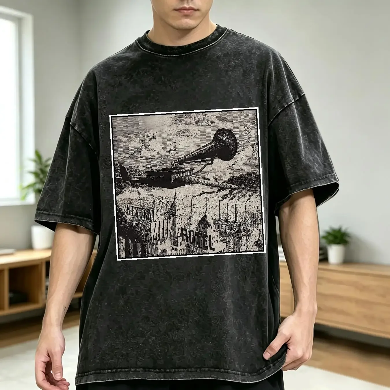 washed T Shirt Neutral Milk Hotel Aeroplane military green color TE4206 vintage Washed Casual designer clothes Unisex