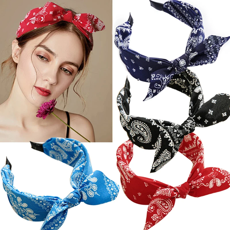 Paisley Bandana Hairbands Cute Rabbit Ear Turban Headwrap Hair Band Girls Accessories Fashion Top Knotted Bow Headband for Women