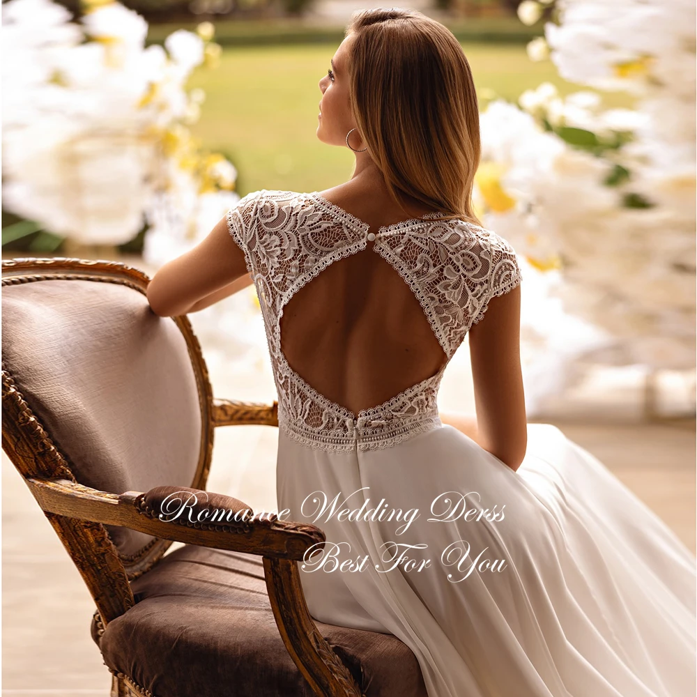 Elegante renda apliques a linha com decote em v vestido de casamento plissado manga sem costas chiffon vestido de noiva vestidos de novia personalizado