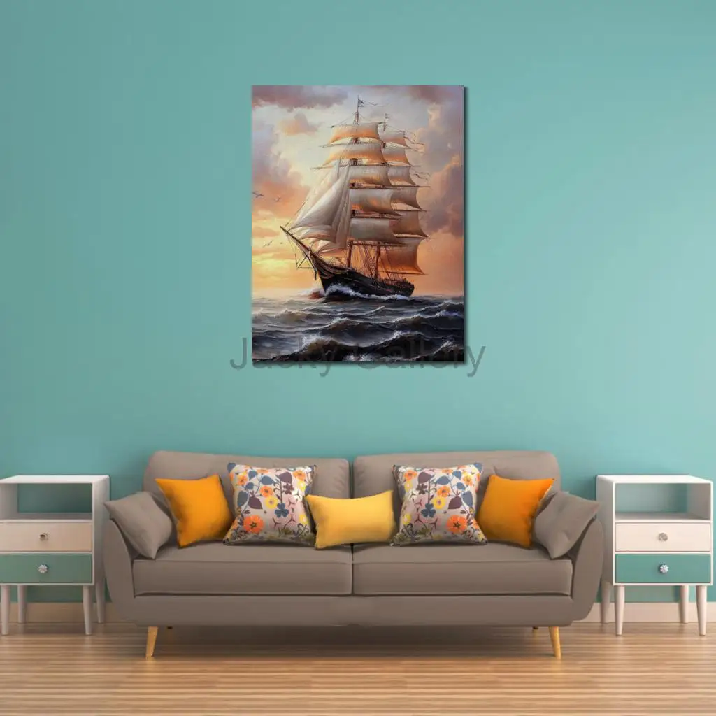 Textured Seascape Canvas Art Hand Painted Oil Painting Sail Ship Romantic Ocean Artwork for Hotel Room Office Decor High Quality