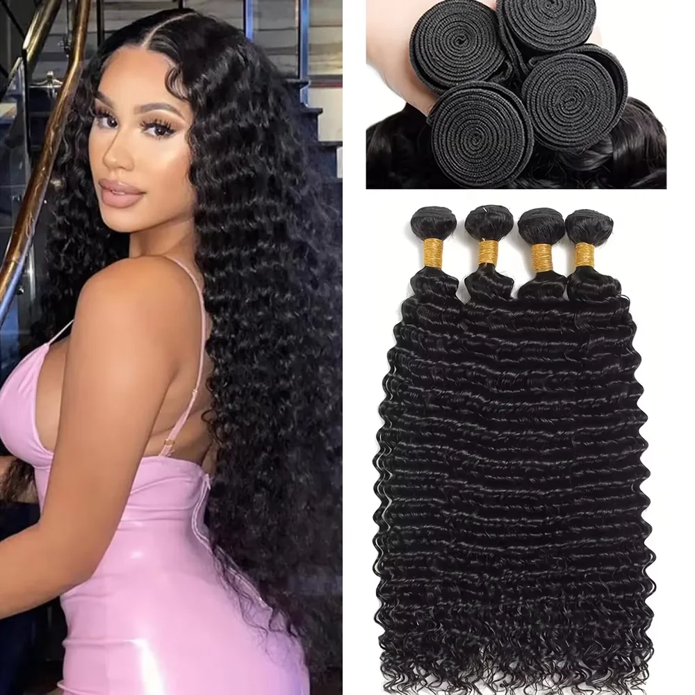 

1/4 Pcs 10-40 Inches Brazilian Remy Hair Double Weft Hair Weaving Extensions Deep Wave Human Hair Bundles For Black Women