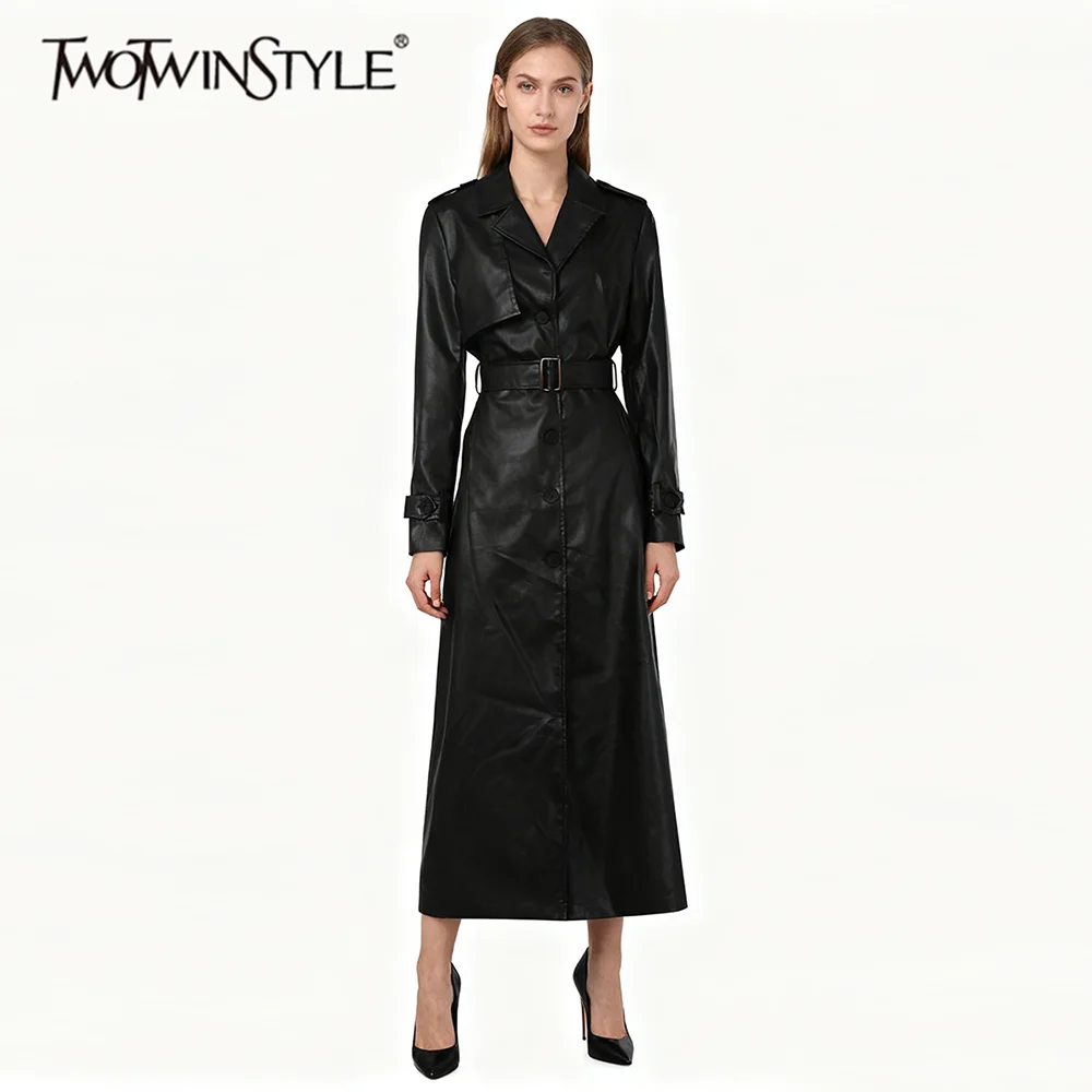 

TWOTWINSTYLE однотонные утягивающие тренчи со сращенными пуговицами, минималистичные женские тренчи с лацканами и длинными рукавами, лоскутный пояс, кожаный женский плащ