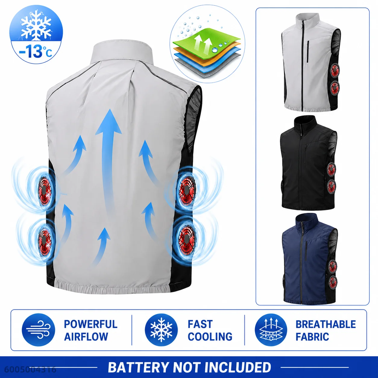 Men's 4-Fan Side Cooling Vest Powerful Airflow Breathable Summer Workwear for Fishing Hiking Construction Battery Not Included