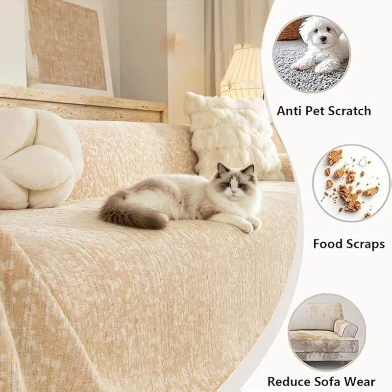 Chenille Sofa Throw Blanket, Beige Textured Drape with Fringe, Soft Slipcover for Modern Living Room & Bedroom Decor Accent