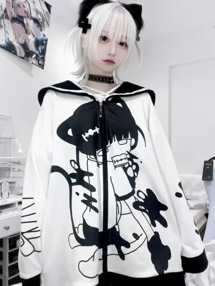 

Japanese Kawaii Streetwear Cartoon Print Hoodies Women Loose Zipper Cardigan Jackets Tops Cute Y2k Coats Fashion Casual