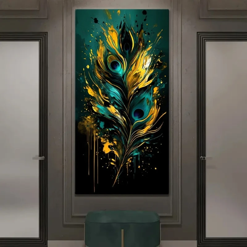 Large-sized frameless canvas paintings,Green Yellow Peacock Feathers Poster and Prints Nordic Abstract Art Canvas Painting Wall