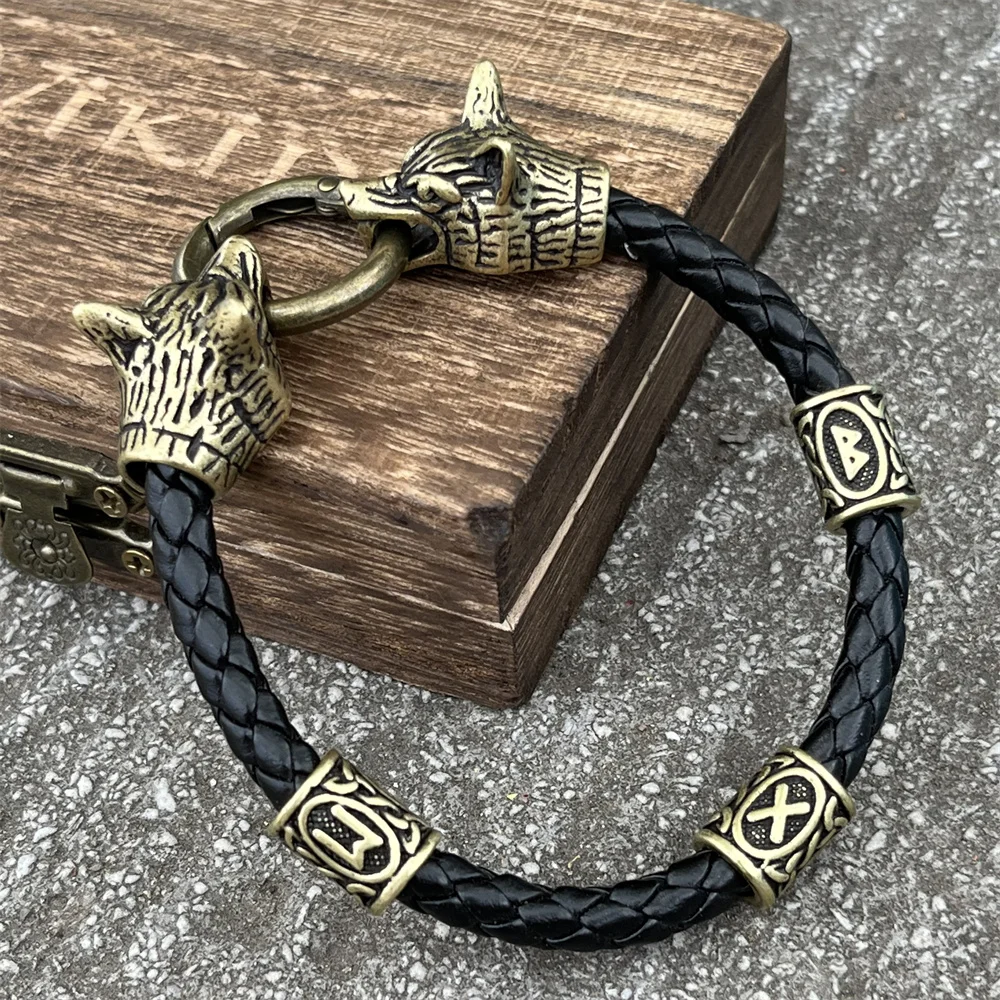 Wolf Heads Norse Mythology Jewelry Runic Beads Viking Bracelet Bangle Men Women Accessories Dropshipping