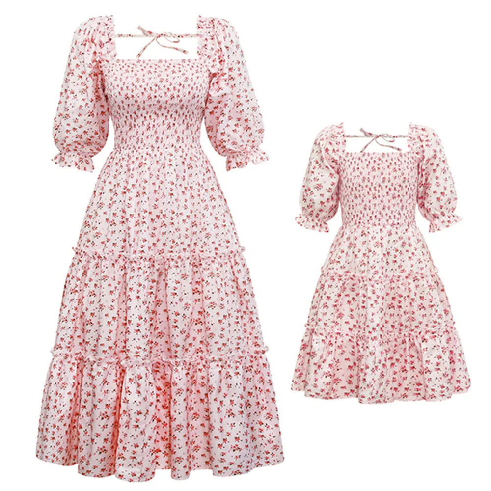 

Mother Daughter Dress Floral Printed Family Matching Dresses Square Collar Dresses 2022 Summer Mommy and Me Clothes