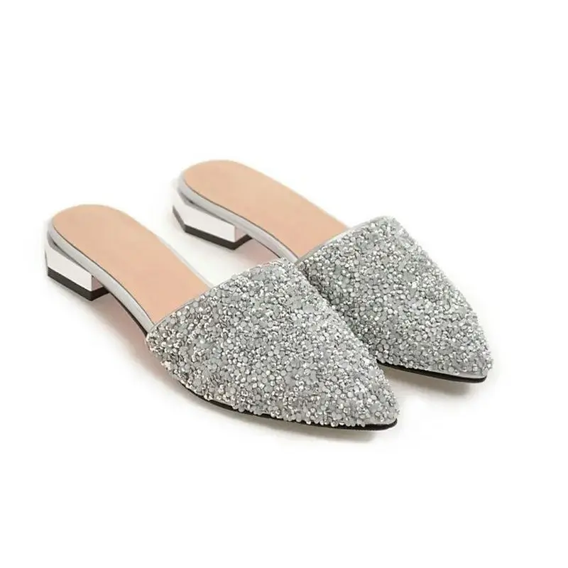 ZawsThia fashion sequined glitter woman sandals slides silver bling point toe low heel flat slippers women mules large size  43