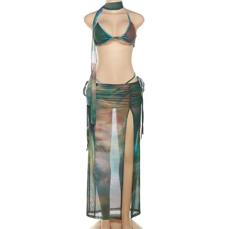 Summer Fashiontie Tie-dye Printed Long Dresses Bikini Set Beach Wear Bra Briefs Scard with Long Slit Skirt Bathing Suit Swimsuit