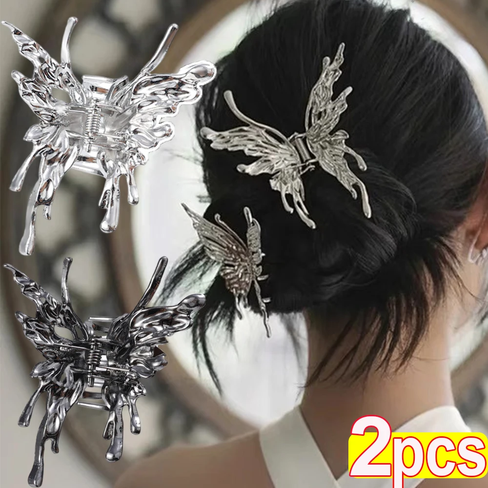 Korean Liquid Butterfly Hair Clip Metal Wind Silver Grab Clip Shark Clip woman Geometric Headband Retro Punk Hair Accessories