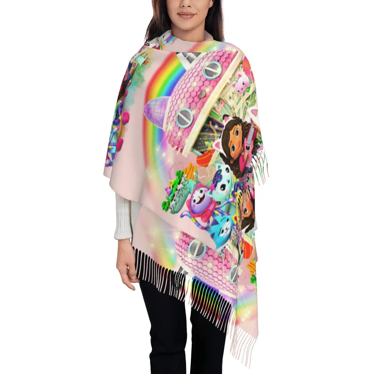 

Женский шарф с кисточкой, розовый кукольный домик Габби, большая супермягкая шаль и накидка, милые мультяшные подарки, шарфы из пашмины