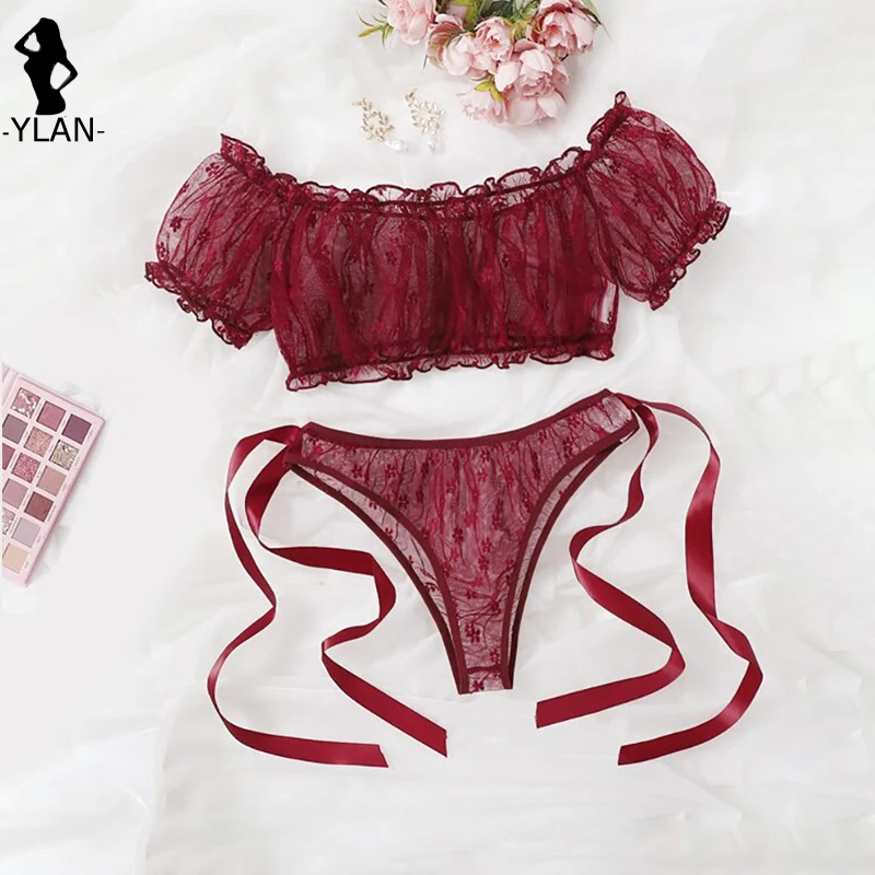 Lencería Sensual para mujer, Conjunto de sujetador transparente exótico, picardías, Bralette Floral con hombros descubiertos, ropa interior Sexy con