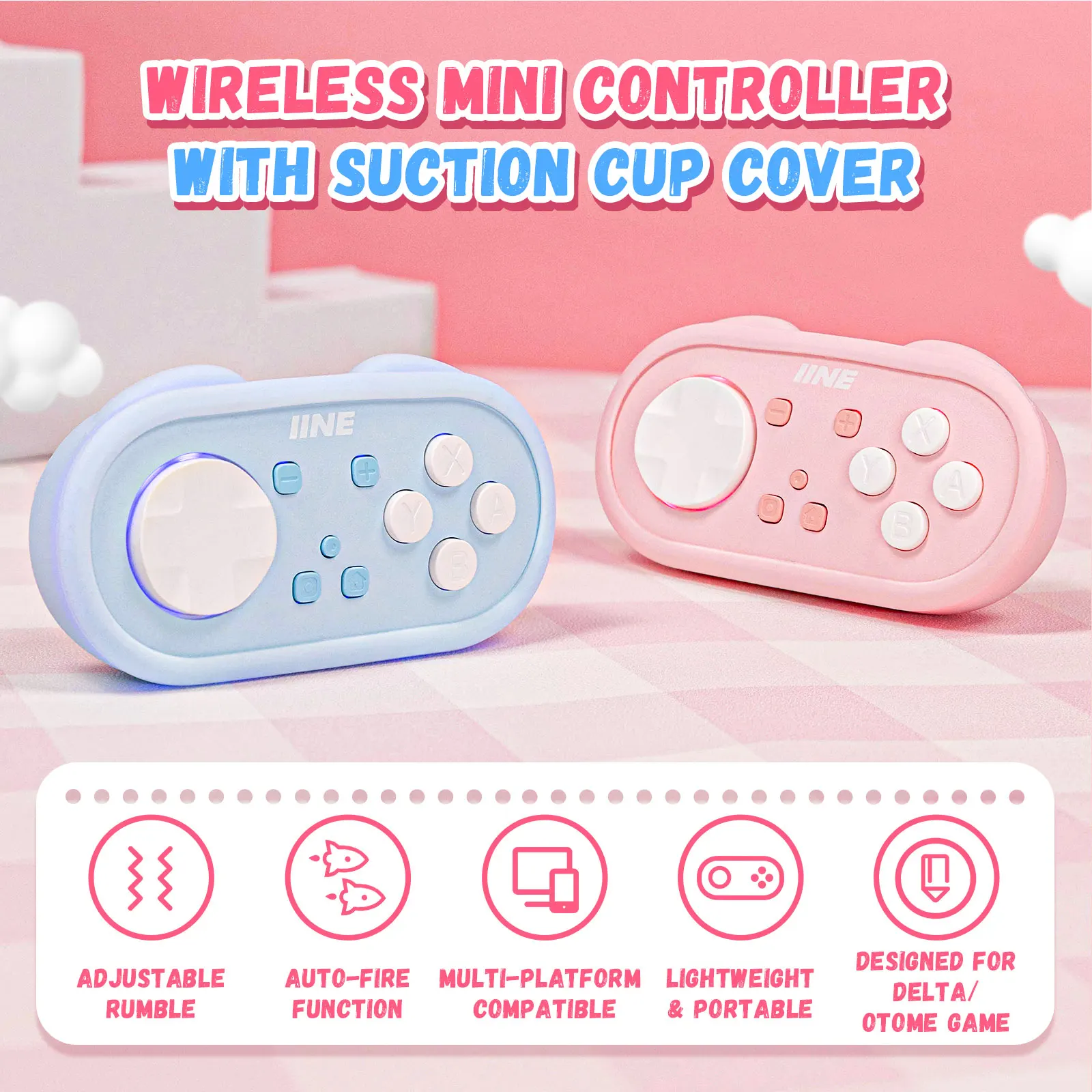 IINE Wireless Mini Controller with Suction Cup Cover/ Auto-fire Function&Multi-platform&Adjustable Rumble