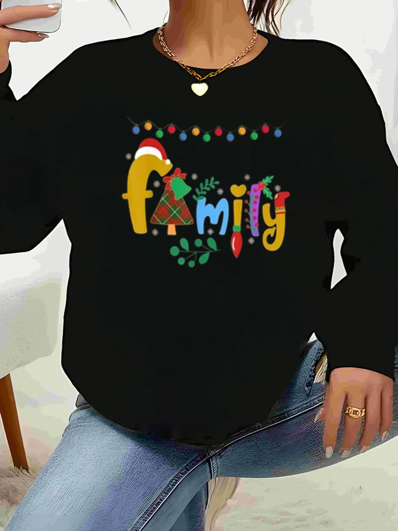 

Christmas Family Print Long Sleeve Sweater Holiday Party Women's Casual Wear