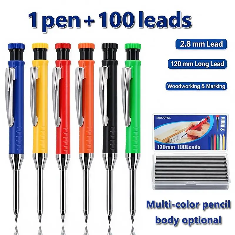 High-Quality 2.8mm Solid Woodworking Pencil Set with Refills & Built-in Sharpener, Deep Hole Marking Tool for Carpentry