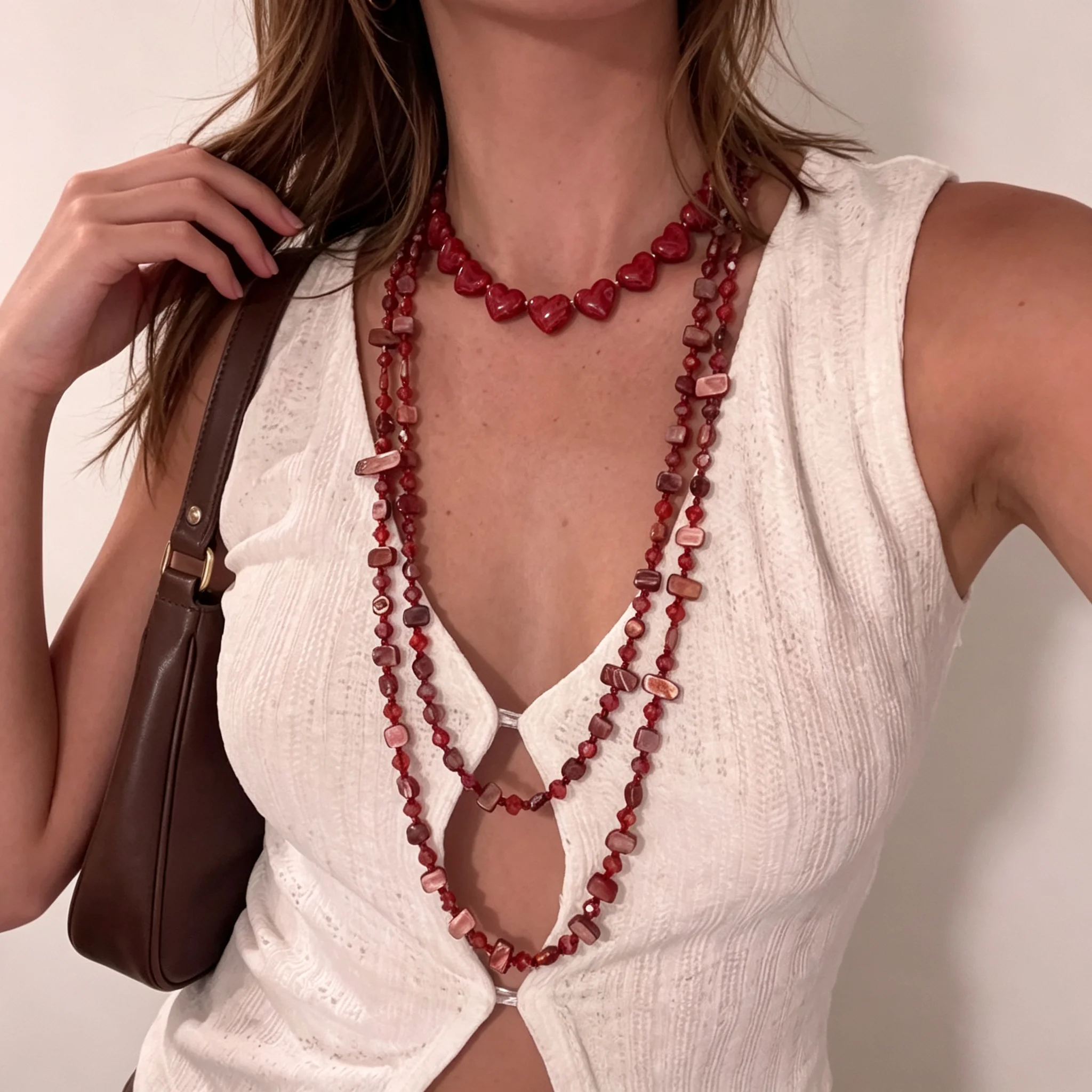 Bohemian Style Irregular Vintage Red Shell Beaded Necklace Set for Women Elegance Resin Beads Layered Clavicle Chain Jewelry