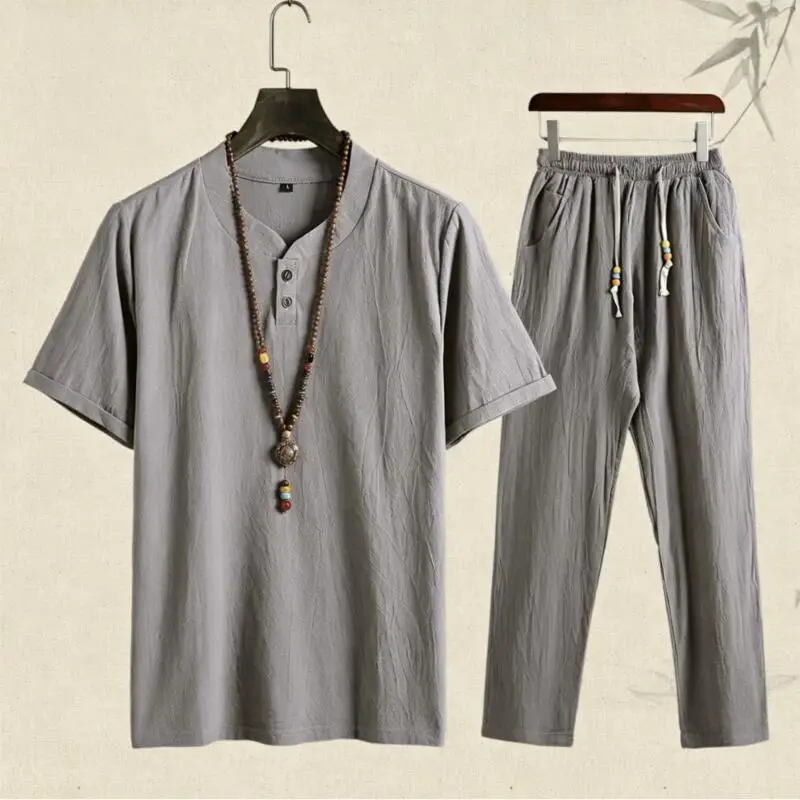 

2026 Summer New Men Matching Sets Short Sleeve T-Shirt Pants 2Pcs Chinese Style Loose Costume Casual Clothes Plus Size 5Xl