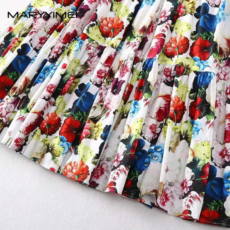 MARYYIMEI Fashion Women\'s Vintage Spaghetti Strap Backless Printed Square-Neck Pleated Elegant Celebrity Party Floral Maxi Dress