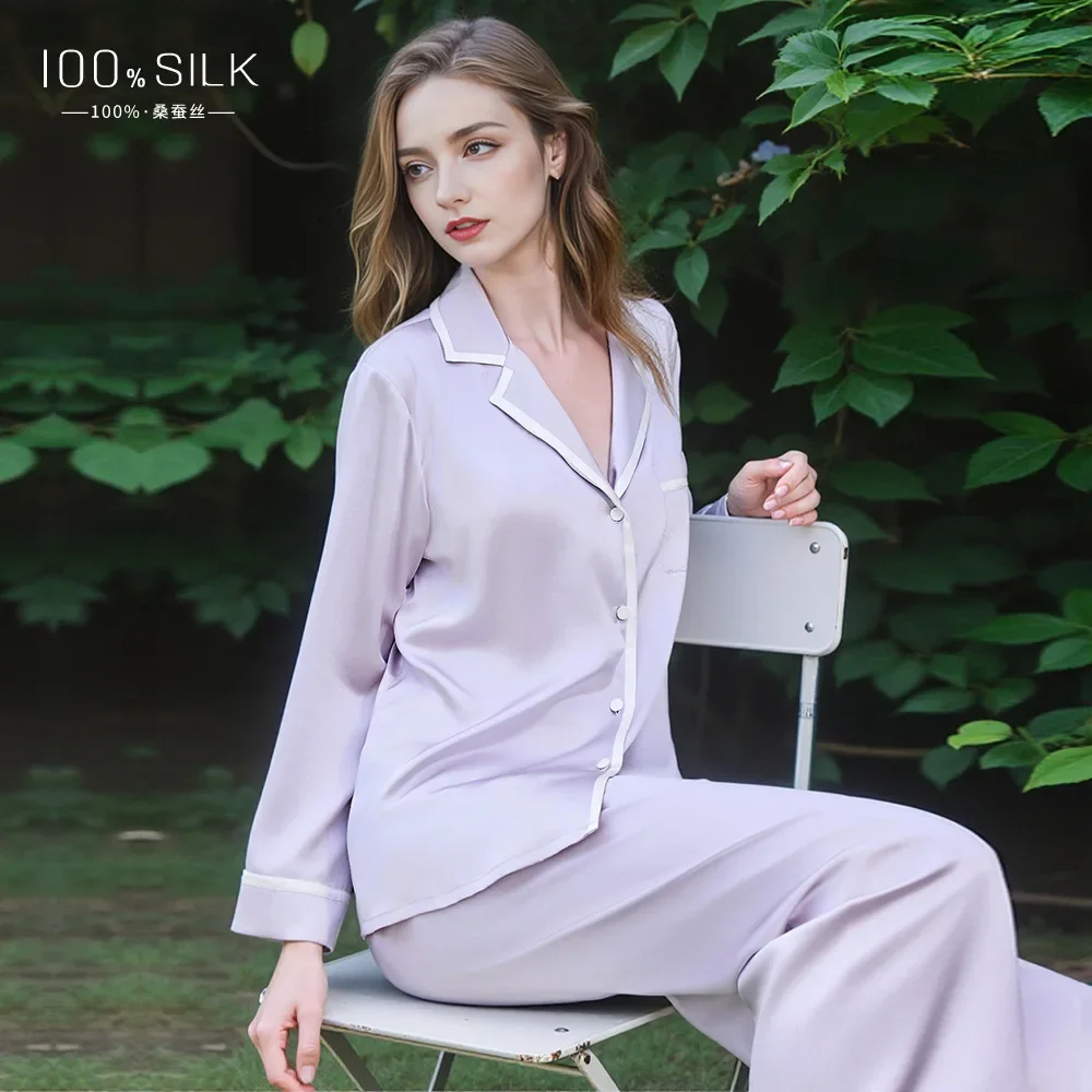 

19 Momme 100% Mulberry Silk Women Pajama Set Sleepwear Pure Silk Spring Long Sleeve Trousers Pyjamas Homewear Casual Pajamas PJs