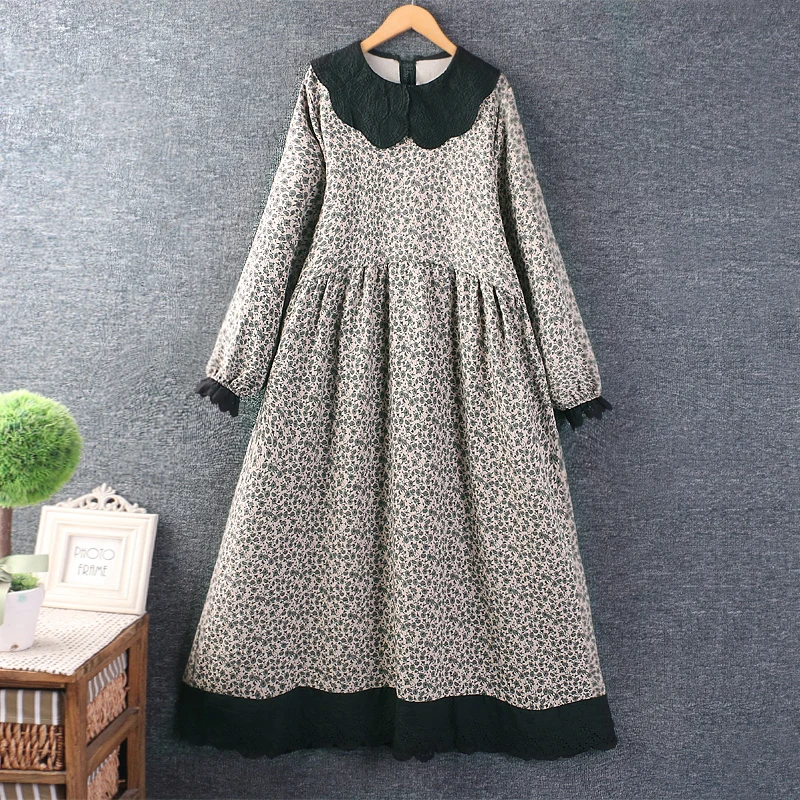 

Autumn Women's Japanese Mori Girl Vintage Floral Print Dress Peter Pan Collar Long Sleeve Casual Loose Cotton Linen Midi Dresses