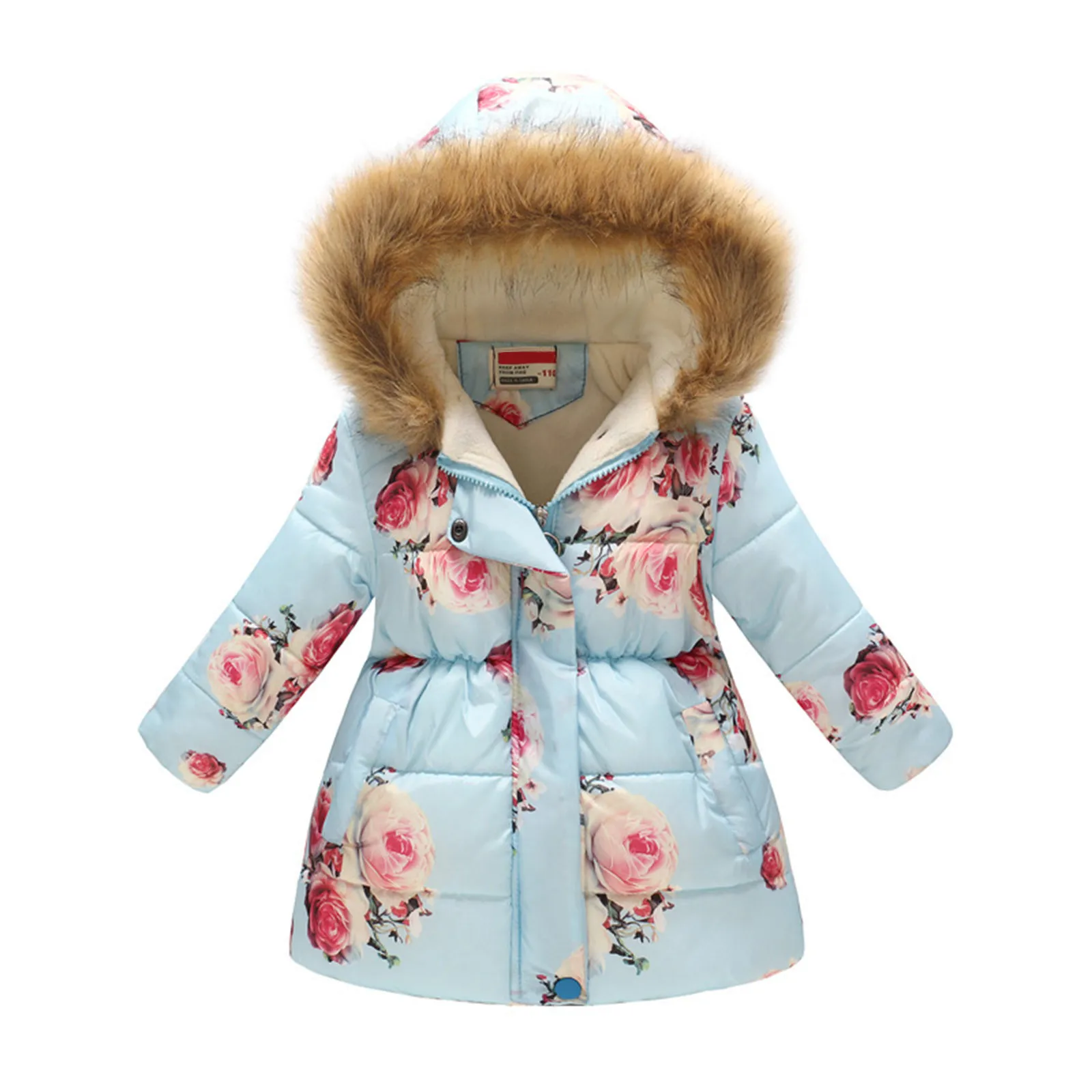 New Kids Hooded Jacket Girls Winter Warm Coat Artificial Fur Children\'s Clothes Cute Cartoon Fox Print Thicken Autumn Outerwear