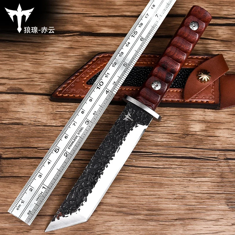 

Wolf outdoor survival tactical knife camping knife high sharp hunting knife Sandalwood handle 8cr13mov blade