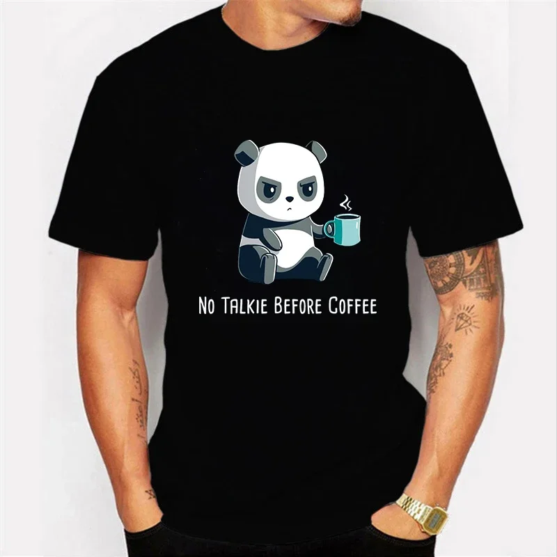 No Walkie Before Coffee. Fashionable Catoon Panda Printed T-Shirt. Summer Cotton Short Sleeve O-Neck Mens T Shirt New S-3XL