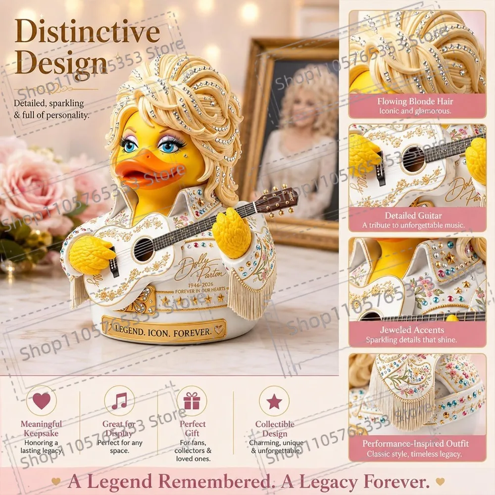 2026 Music Singer Dolly Duck Resin Figurine,Vintage Glitter Fringe Outfit Duck Statue with Guitar,Home Decor Fan Gift