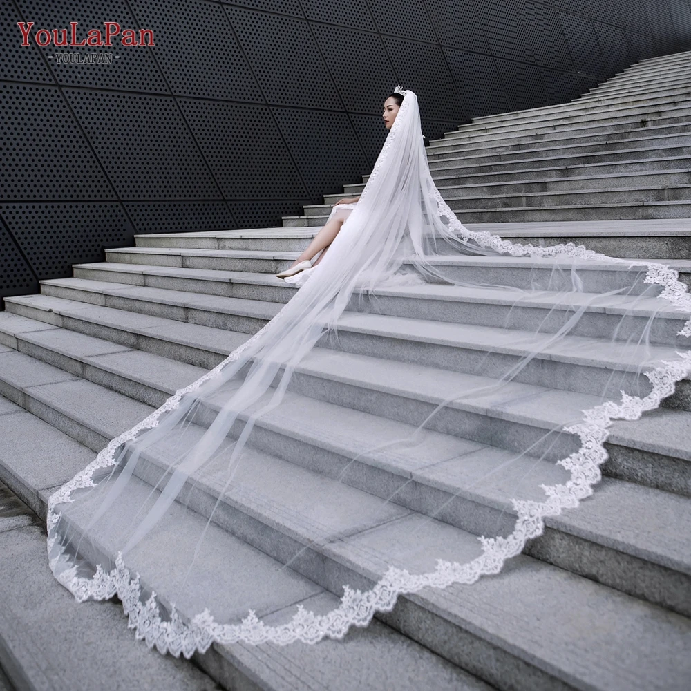 YouLaPan V152 Bridal Veils Mantilla Full Lace Edge Wedding Veil Cathedral Length Scallop Lace Trim Extra Long Royal Wedding Veil