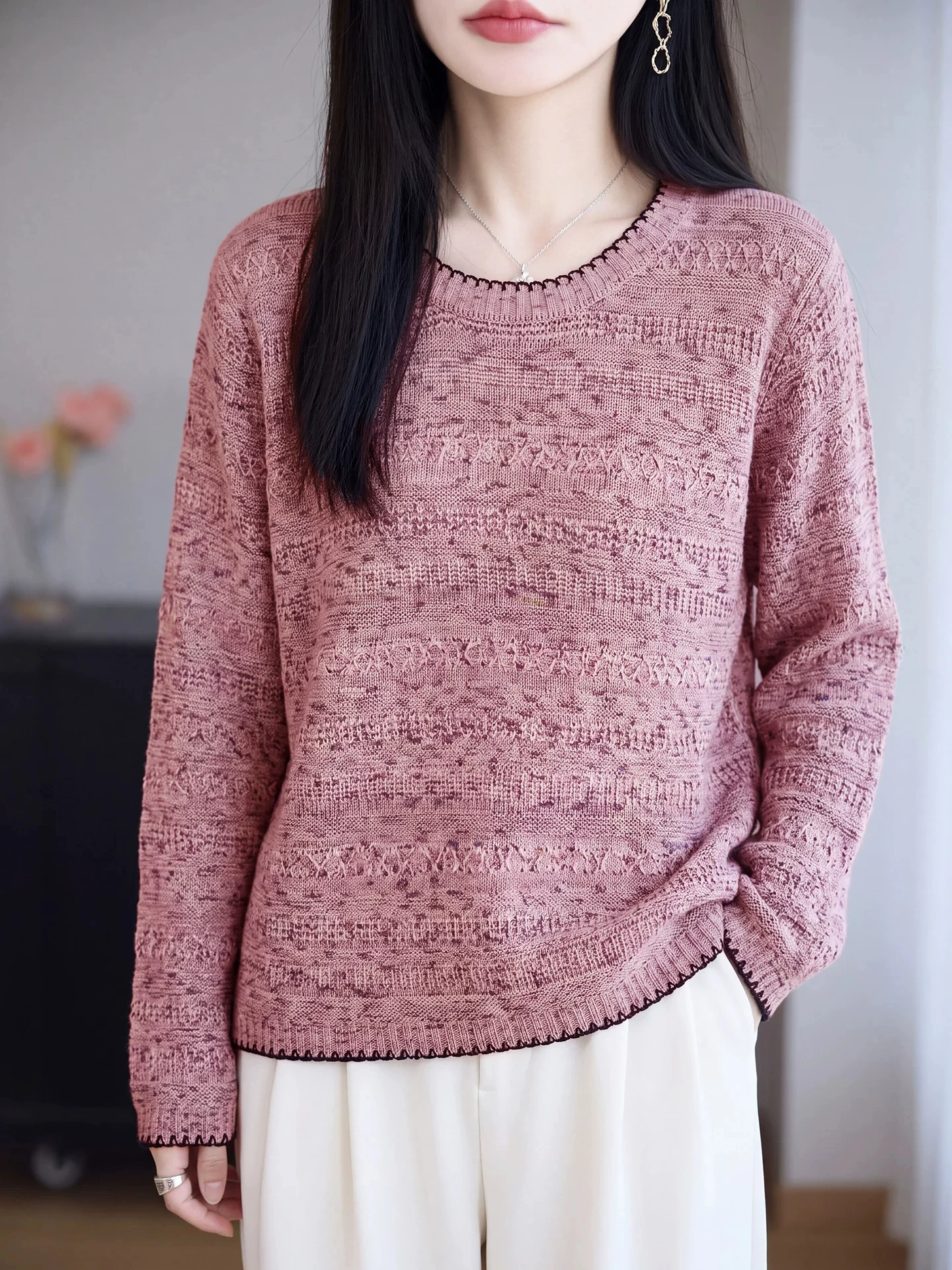 Soft Fine Wool Knitted Sweater Women's Loose Overhead Sweater Hollow out round Neck Color Dot Tassel Shawl Lapel Knitwear