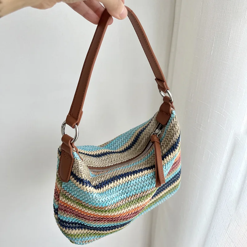 

Retro Color-Block Striped Straw Hobo Bag - 2025 New Women's Boho Chic Crossbody for Beach & Daily Use