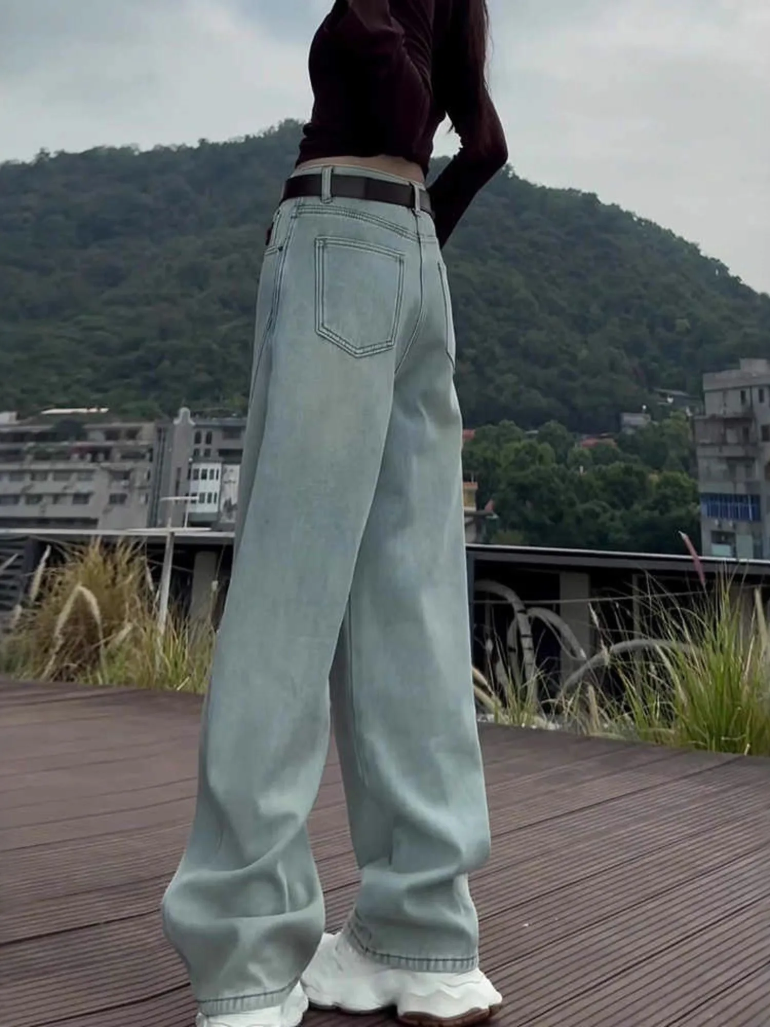 Women's Light Blue Vintage Wash Wide Leg Jeans High Stretch Contrast Stitch Denim Pants S-3XL