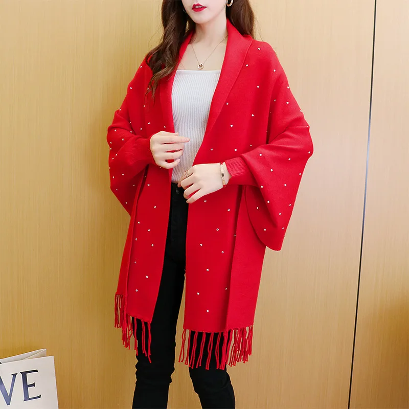 5 Color Capes Women Outstreet Beading Diamond Knitwear Autumn Batwing Sleeves Long Poncho Female Tassel Knitted Loose Shawl Coat