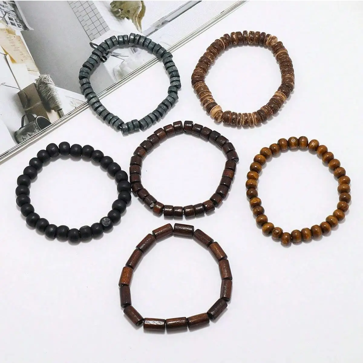 6PCS  Wodeen Braided Wrap Leather Bracelet for Men Vintage Life Wood Beads Fashion Male Armband