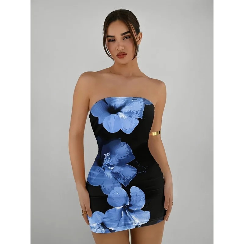 Women'S Elegant Form-Fitting Strapless Sleeveless Dress With Floral Print, Suitable Parties, Dinners, Galas, And Various Occ