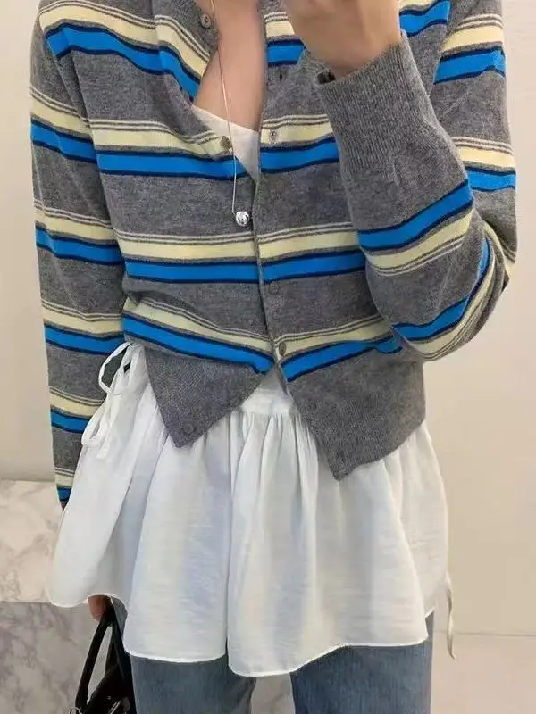 

Корейский полосатый круглый вязаный открытый кардиган, женский осенний 2022, универсальный верхний цветной блузка, свитер