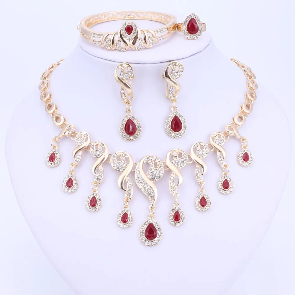 Gold Color Crystal African Beads Jewelry Sets For Women Dress Accessories Wedding Bridal Necklace Earrings Bracelet Ring Sets