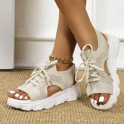 Mesh Dames Sandalen Zomerschoenen voor Dames Trend Veterschoenen Platform Sandalen Open Teen Strand Casual Sandalen met hak Sandalias De Mujer