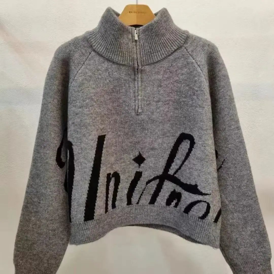 

Zipper Letters Knitted Sweater 2025 Autumn Winter Women Elegant Solid Color Sweater Female Soft Pullover Casual Bottom Shirt