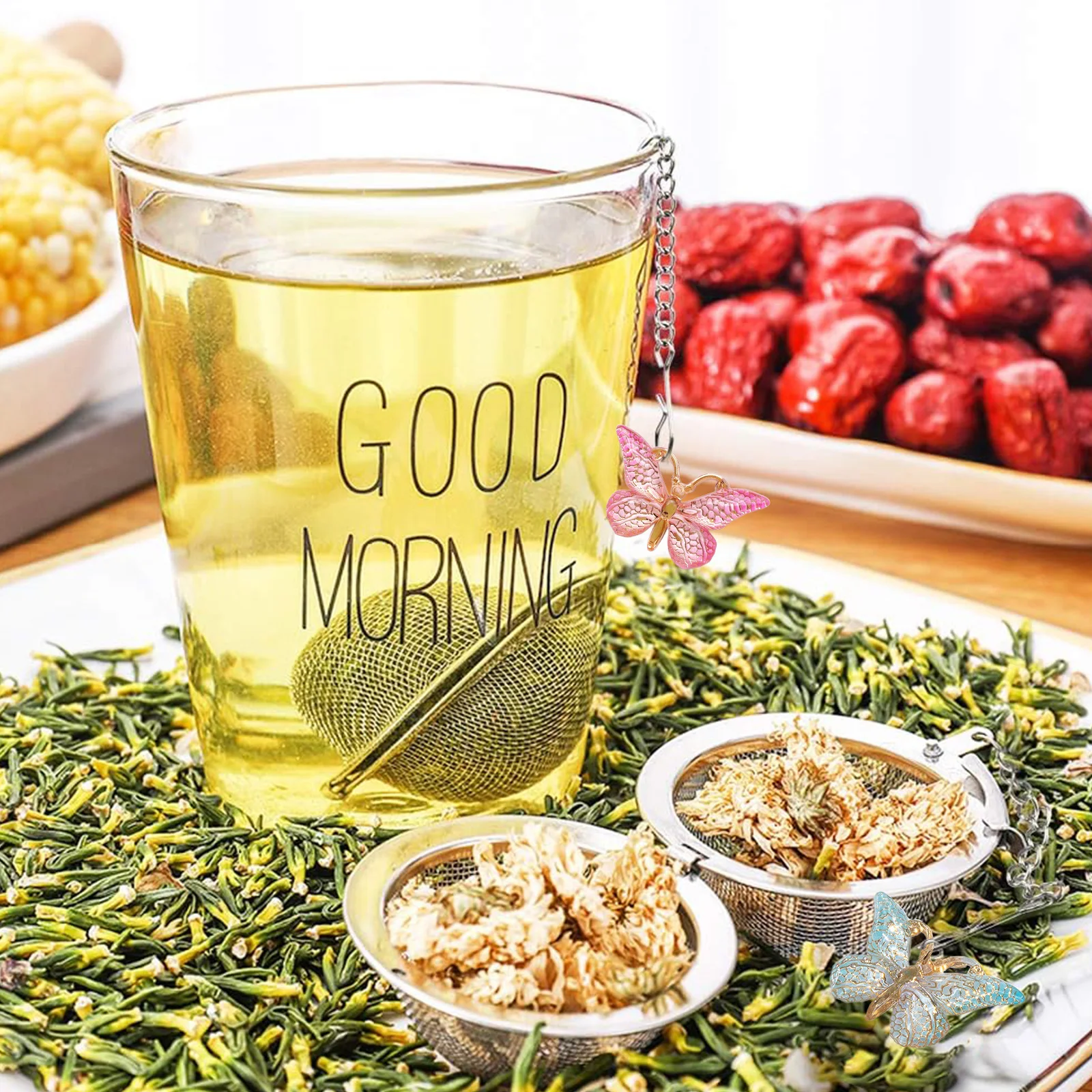 مصفاة الشاي، مصفاة شاي أوراق الشاي السائبة مع دلاية على شكل فراشة اليعسوب المصنوعة يدويًا، كرة شاي، فلتر شاي، مصفاة شاي #2