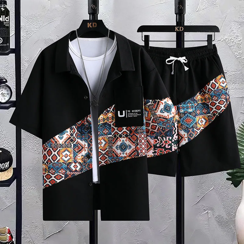 (Shirt + trousers)summer short sleeve mens Sets Print Pattern Men\'s Casual Elastic Waist Shirts Men Two-piece Suit Streetwear