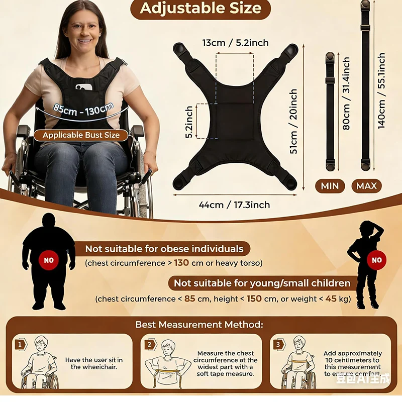 Wheelchair Seat Belt, Wheelchair Chest Harness for Adults, Safety Belt with Adjustable Straps for Elderly